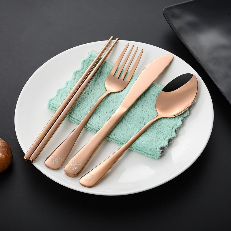 Boulder Bee Travel Utensils Set | Reusable Camping Cutlery Set | Stainless Steel Flatware Set | Portable Silverware Set with Case | Includes Knife/Fork/Spoon/Chopsticks/Cleaning Cloth/Case (Rose) - Image 5
